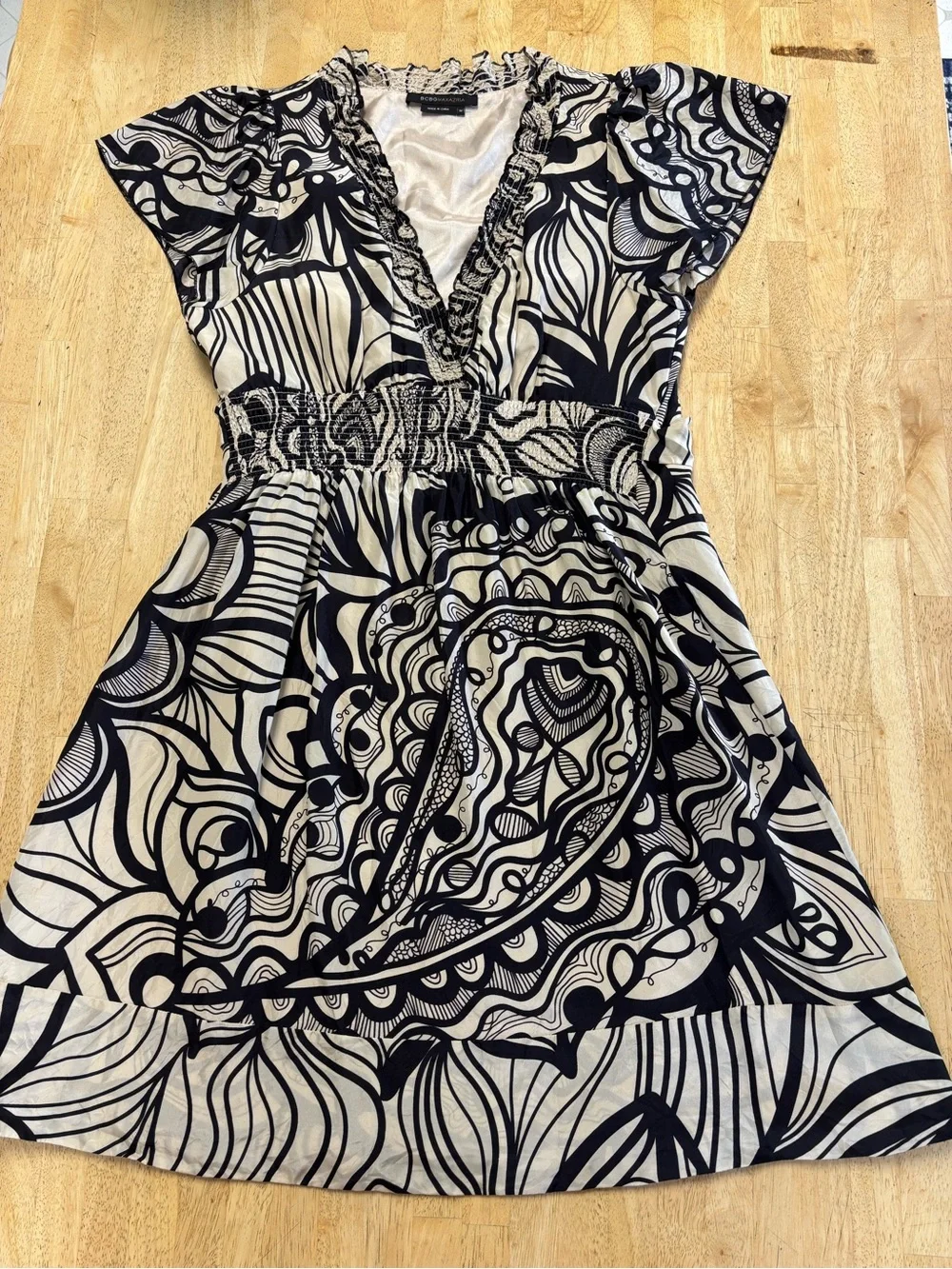 BCBGMaxAzria Black and Cream V-Neck Smocked-Waist Midi Dress - Picture 1 of 5